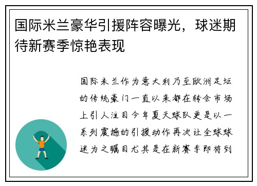 国际米兰豪华引援阵容曝光，球迷期待新赛季惊艳表现