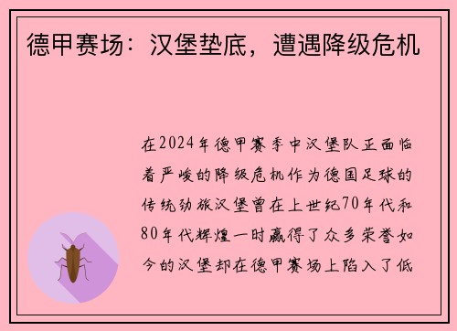 德甲赛场：汉堡垫底，遭遇降级危机